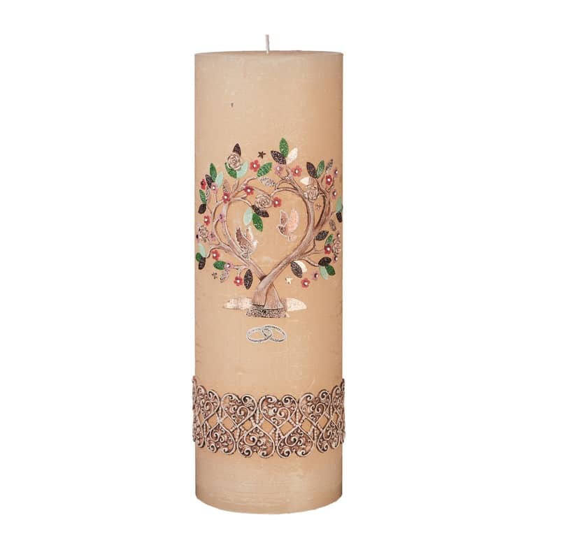 Hochwertige individuelle Hochzeitskerze für die Trauung Lebensbaum Rundkerze rustica beige 300 x 100 mm