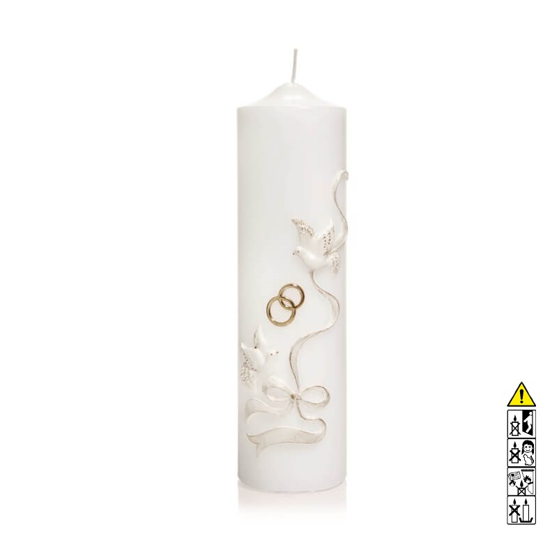 Hochzeitskerze weisse Tauben mit Band verbunden 250 x 70 mm in weiss Individuelle Hochzeitskerze kaufen für die Trauung weisse Tauben mit Band verbunden 250 x 70 mm in weiss