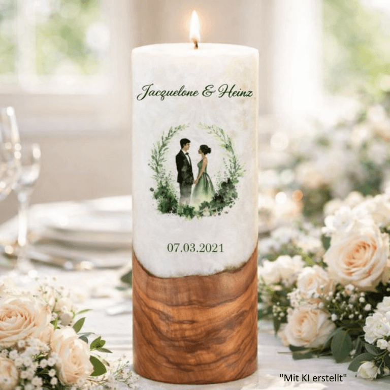 "Brautpaar im Kranz" Hochzeitskerze mit Holzelement 30 cm hoch