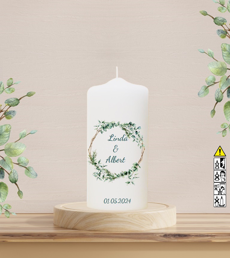 Personalisierte Hochzeitskerze "Eukalyptuszweige" 20 cm