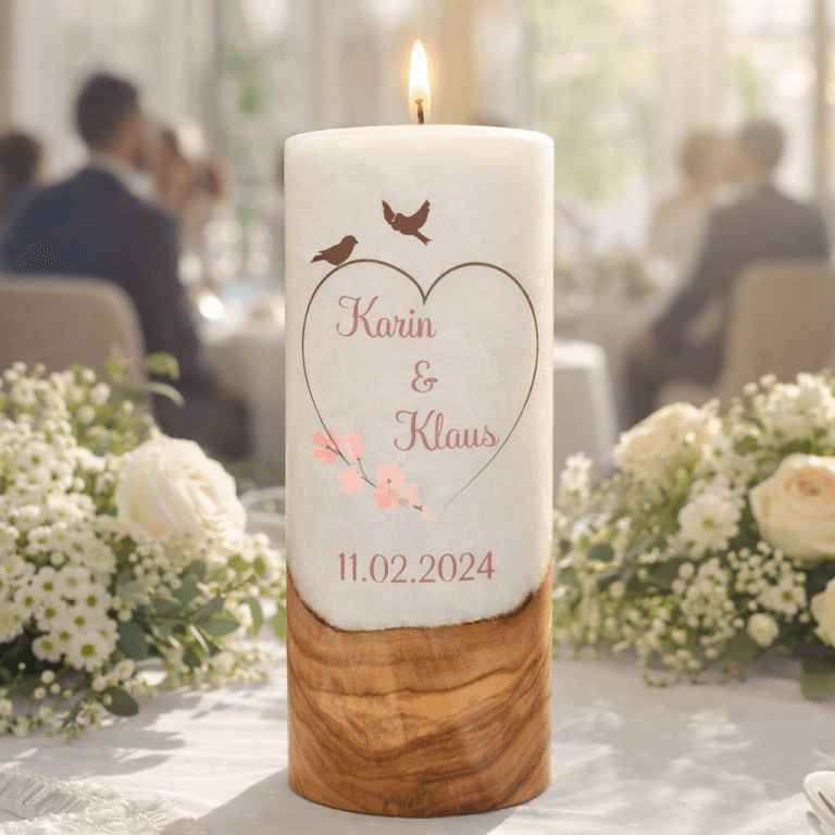 "Vogelpaar Herz" Hochzeitskerze mit Holzelement 30 cm hoch
