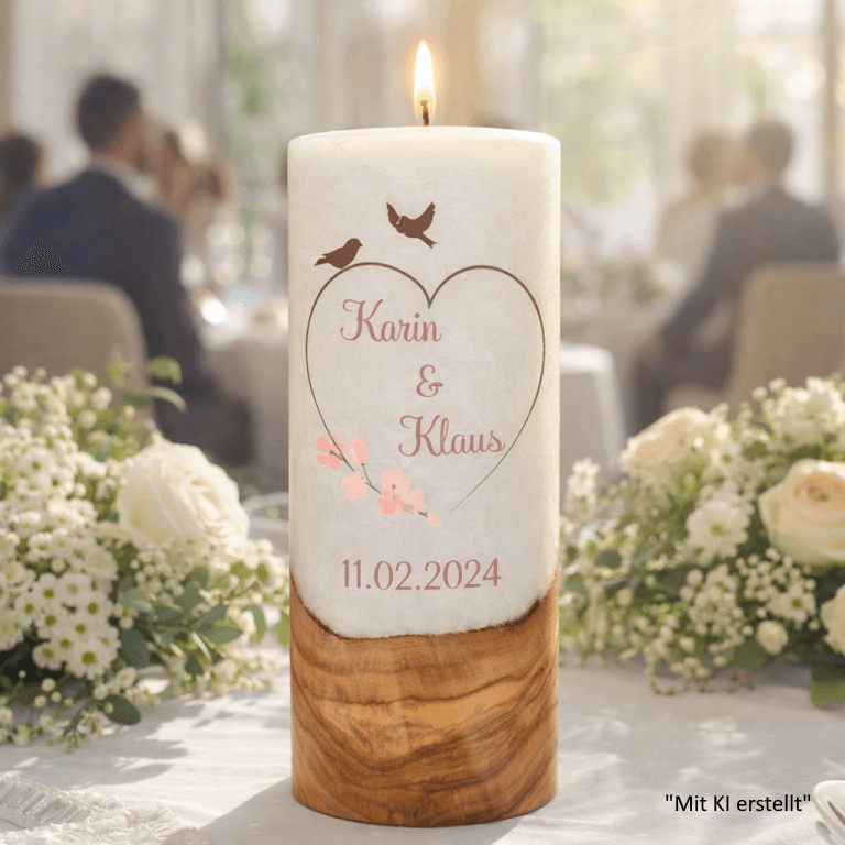 "Vogelpaar Herz" Hochzeitskerze mit Holzelement 30 cm hoch