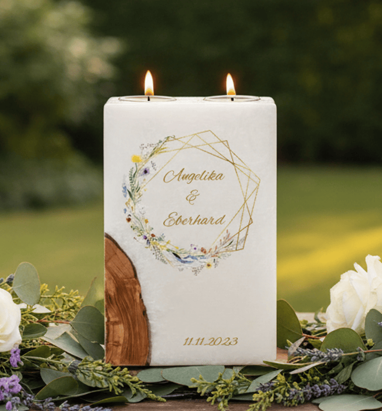 "Frühlingsblumen Kranz" Hochzeitskerze mit Holz und 2 Teelichter 14 x 21 cm