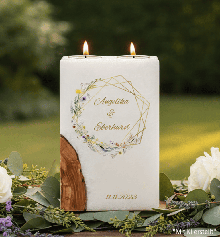 "Frühlingsblumen Kranz" Hochzeitskerze mit Holz und 2 Teelichter 14 x 21 cm