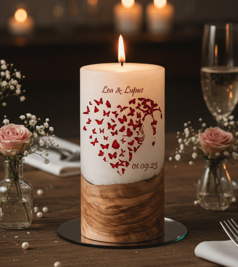 "Brautpaar im Herz" Hochzeitskerze mit Holzelement 20 cm hoch