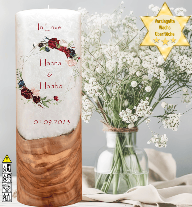 Hochzeitskerze mit Holzelement. Motiv: Rosenkranz Hochzeitskerze mit Holzelement. Motiv: Rosenkranz günstig in unserem Onlineshop kaufen. Personalisierte Hochzeitskerze online kaufen