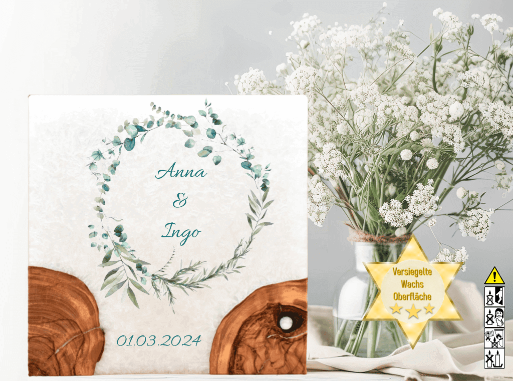 "Eukalyptuskranz 3" Hochzeitskerze mit 2 Holzelementen und 2 Teelichter 20 x 20 cm