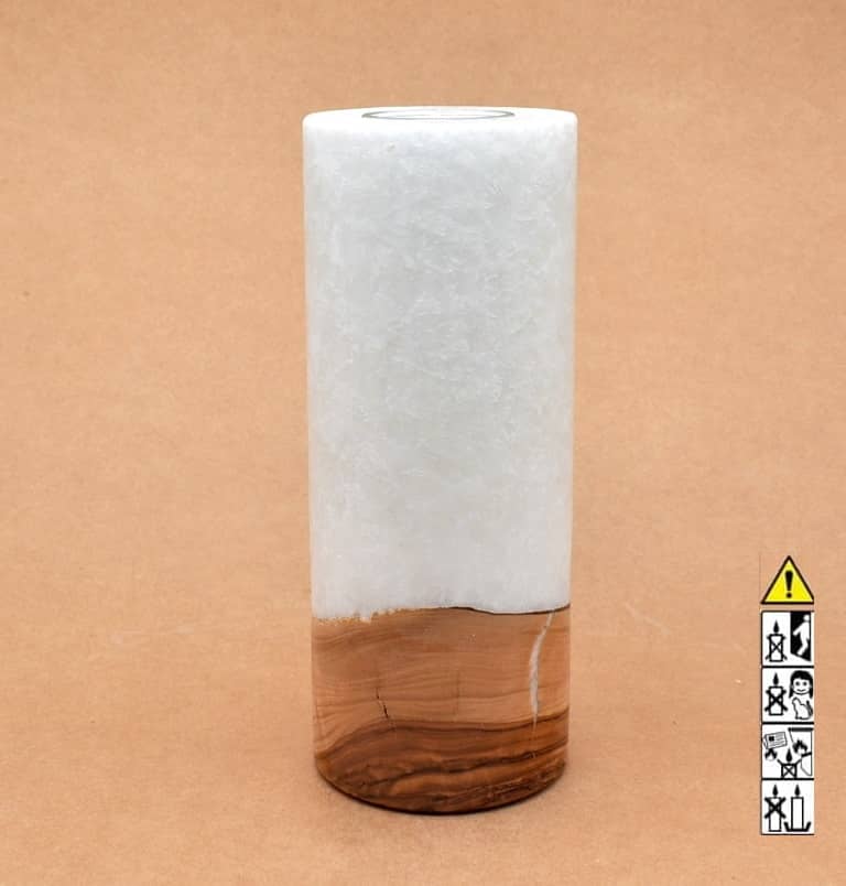 Kerze 80x200mm mit Holzelement, Individuelle, persönliche Hochzeitskerze  Holzkerze, Rund Stearinoptik, Hochzeitskerze mit Teelicht im Kerzen online Shop für Hochzeiten bestellen, günstig kaufen.