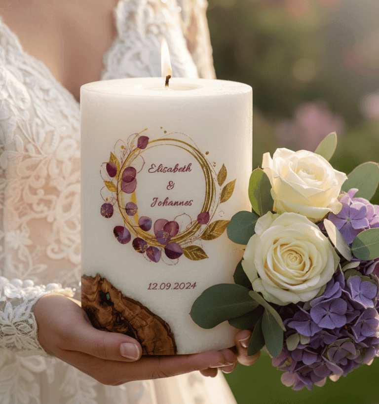 "Eukalyptus Bordaux" Hochzeitskerze mit Holzelement. 14 x 21 cm oval mit Teelicht oder Docht