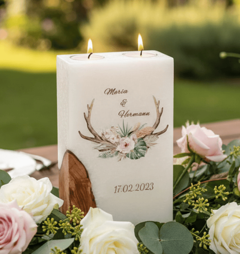 "Geweih" Hochzeitskerze mit Holz und 2 Teelichter 14 x 21 cm
