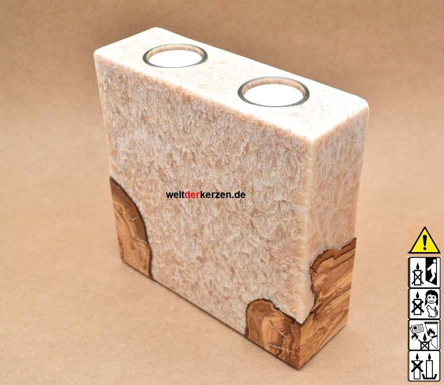 Kerze mit Holzelement, Unikat Holzkerze, Rund Stearinoptik, Kerze mit Teelicht Nummer 152