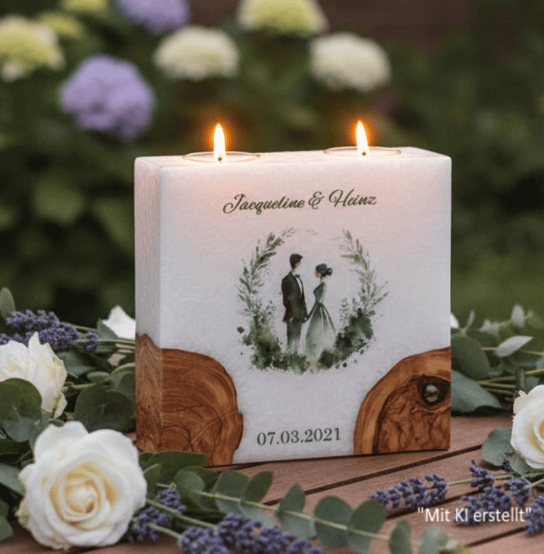 "Brautpaar im Kranz" Hochzeitskerze mit 2 Holzelementen und 2 Teelichter 20 x 20 cm