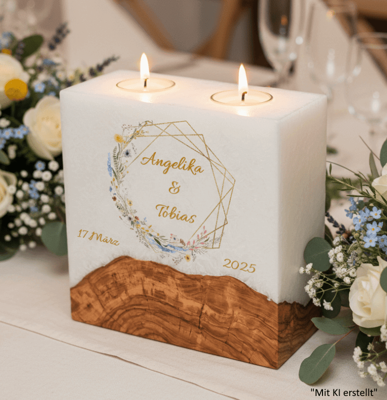 "Frühlingsblumen Kranz" Hochzeitskerze mit Sockel und 2 Teelichter 20 x 20 cm