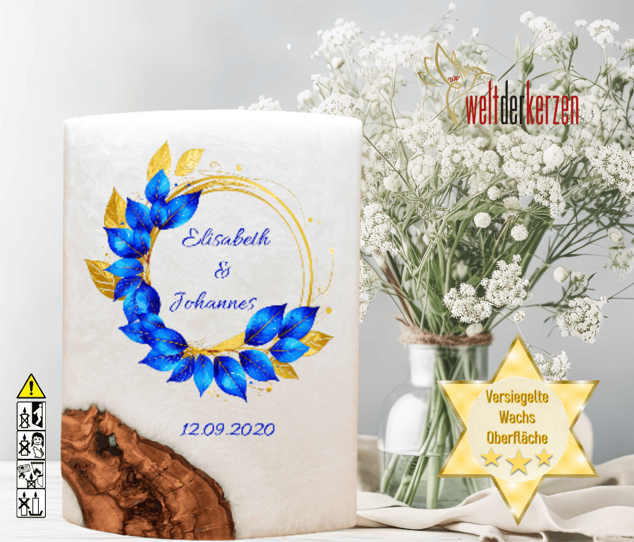 "Eukalyptus Blau" Hochzeitskerze mit Holzelement. 14 x 21 cm oval mit Teelicht oder Docht "Eukalyptus Blau" Hochzeitskerze mit Holzelement. 14 x 21 cm oval mit Teelicht oder Docht
