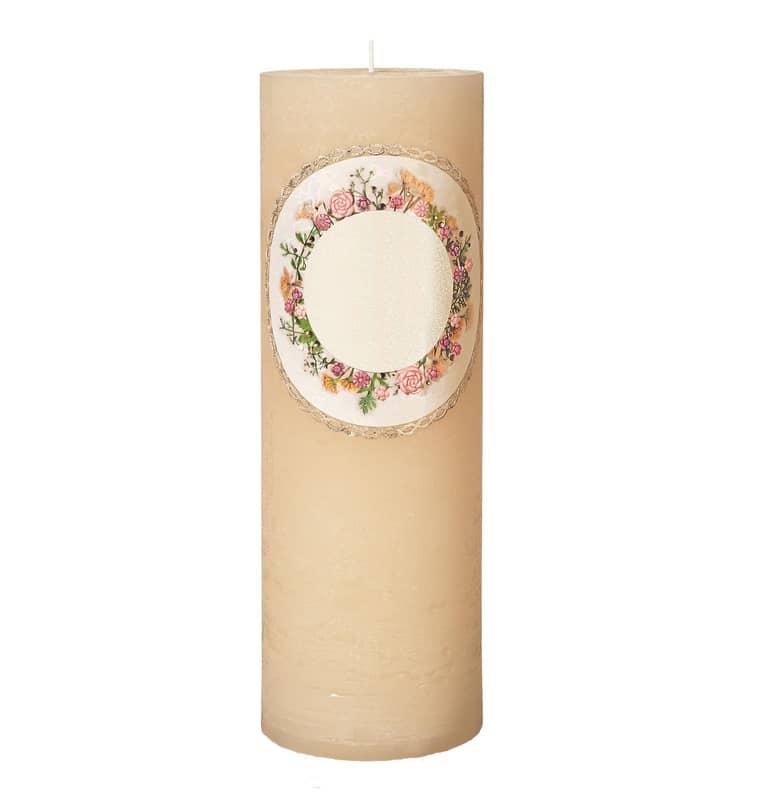 Hochwertige individuelle Hochzeitskerze für die Trauung Blumenkranz Rundkerze rustica beige 300 x 100 mm