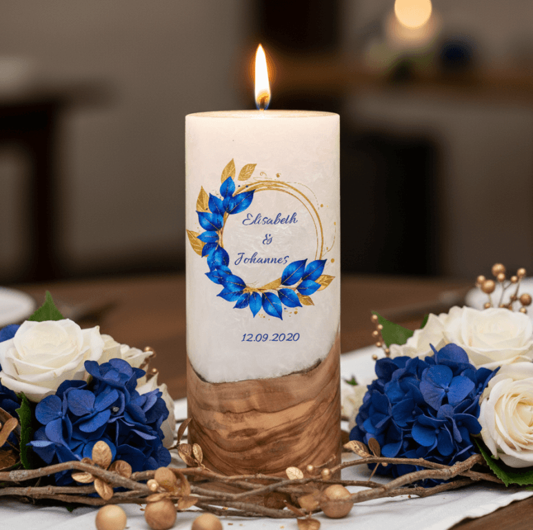 "Eukalytus Blau" 25 cm Hochzeitskerze mit Holzelement