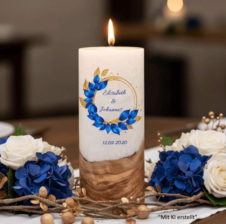 "Eukalytus Blau" 25 cm Hochzeitskerze mit Holzelement