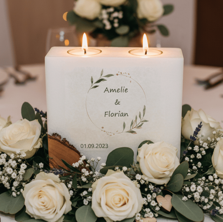 Hochzeitskerze Olivenkranz mit 1 Holzelement und 2 Teelichter 20 x 20 cm