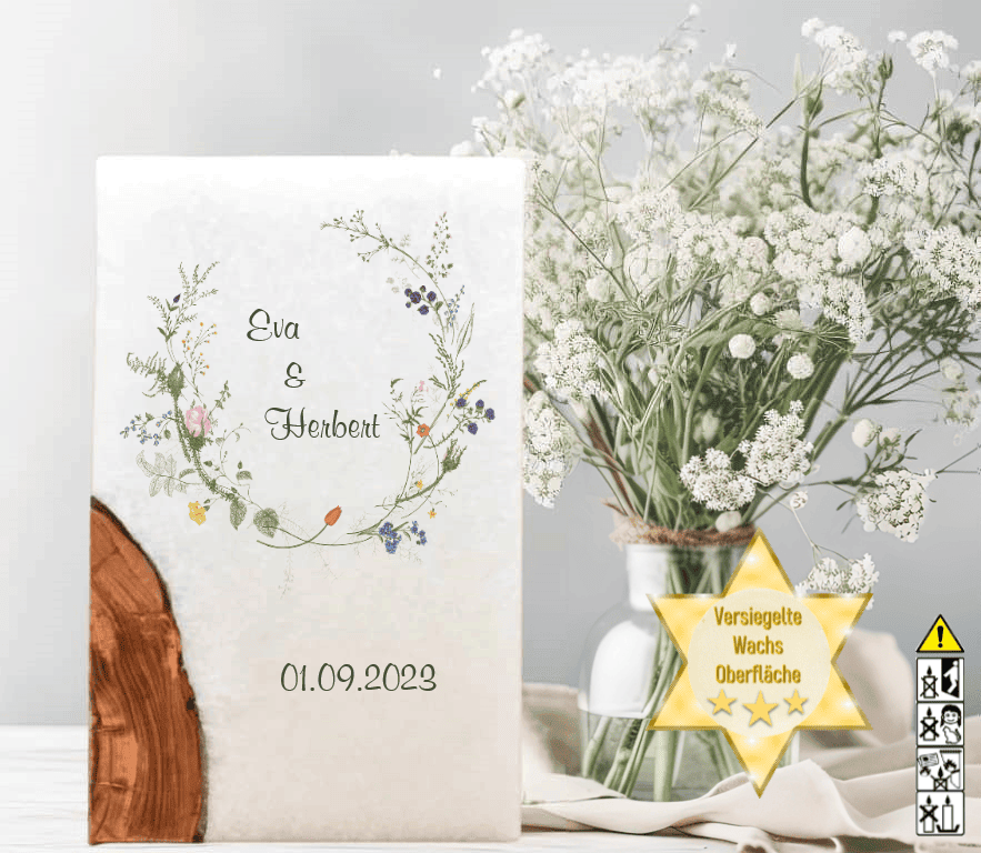 Hochzeitskerze mit Holzelement. Motiv: Wiesenblumen günstig in unserem Onlineshop kaufen. Personalisierte Hochzeitskerze online kaufen