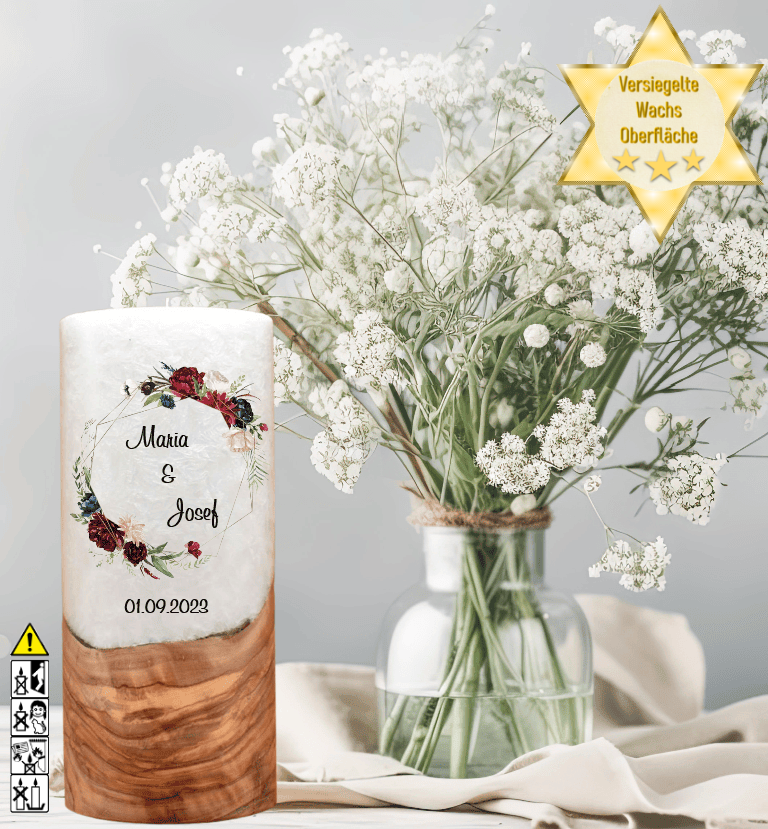 Kerze mit Holzelement für Hochzeitskerze ausgesucht. Kerze mit Holzelement für Hochzeitskerze ausgesucht. günstig in unserem Onlineshop kaufen. Personalisierte Geschenke online kaufen