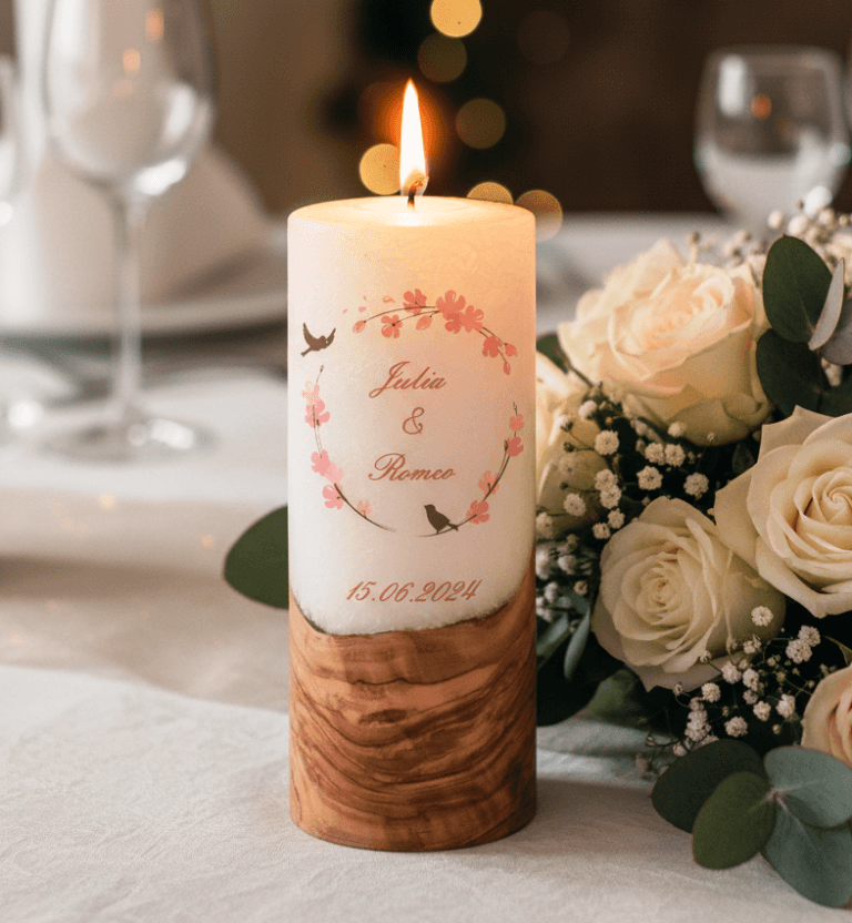 "Vogelpaar 2" 25 cm Hochzeitskerze mit Holzelement