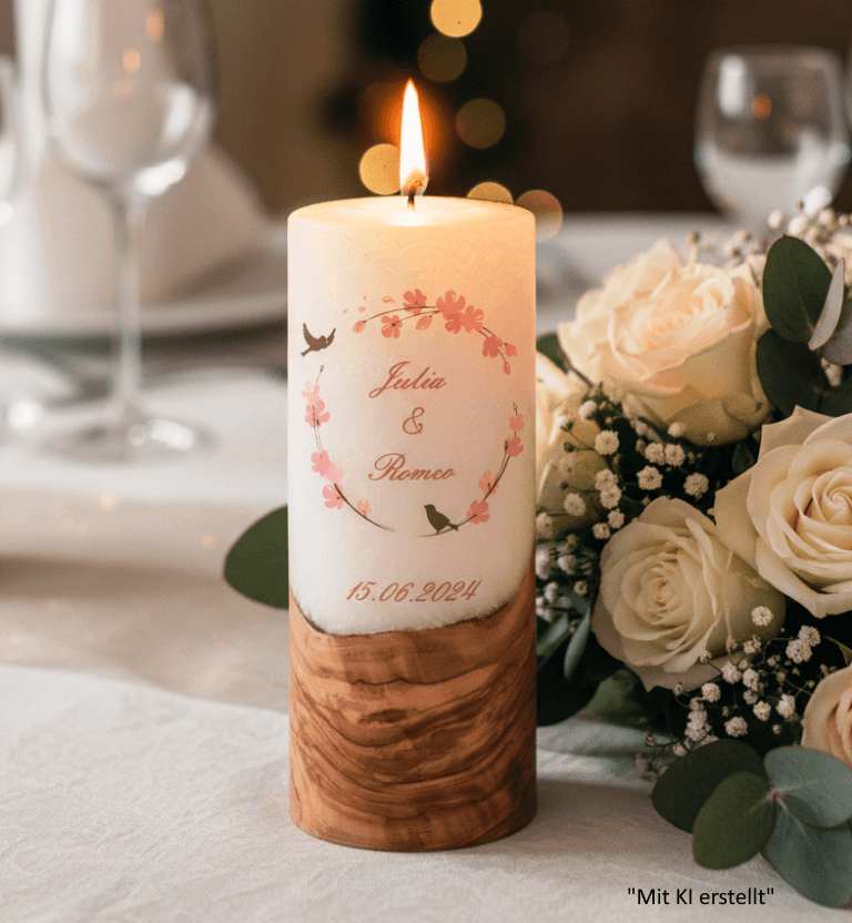 "Vogelpaar 2" 25 cm Hochzeitskerze mit Holzelement