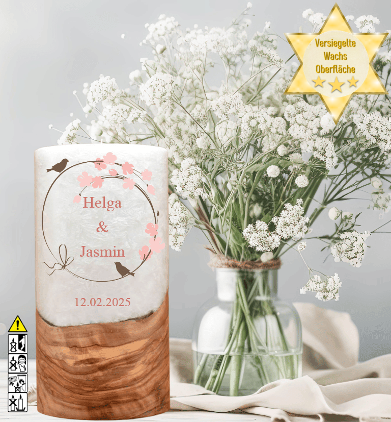 Hochzeitskerze mit Holzelement. Motiv: Vogelpaar Hochzeitskerze mit Holzelement. Motiv: Vogelpaar günstig in unserem Onlineshop kaufen. Personalisierte Hochzeitskerze online kaufen