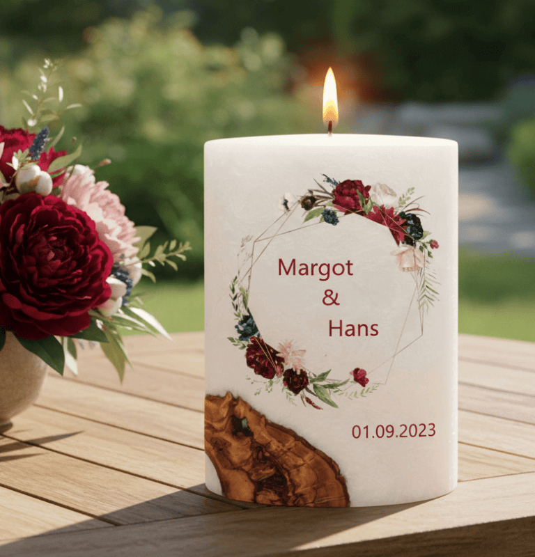 "Rosenkranz" Hochzeitskerze mit Holzelement. 14 x 21 cm oval mit Teelicht oder Docht