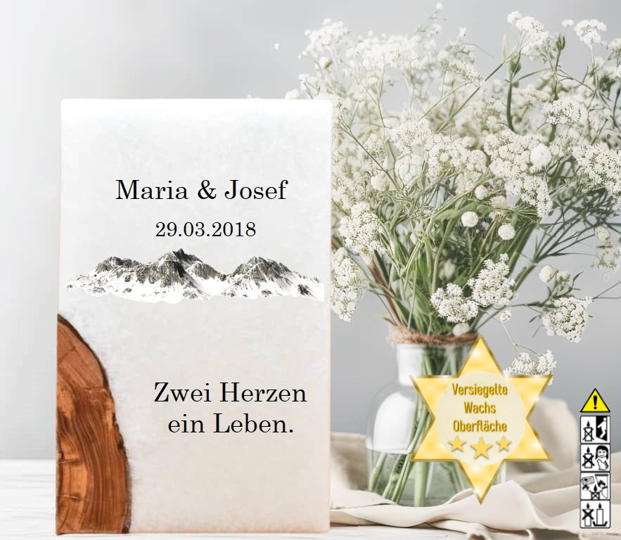 "Berge" Hochzeitskerze mit Holz und 2 Teelichter 14 x 21 cm "Berge" Hochzeitskerze mit Holz und 2 Teelichter 14 x 21 cm