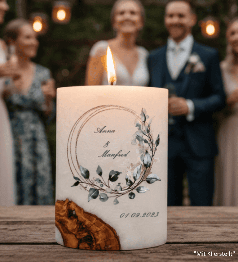 "Eukalyptus Ring gold" Hochzeitskerze mit Holzelement 14 x 21 cm oval mit Teelicht oder Docht