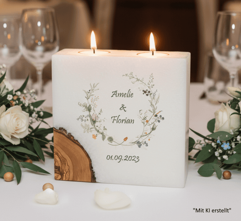 Hochzeitskerze Wiesenblumen mit 1 Holzelement und 2 Teelichter 20 x 20 cm