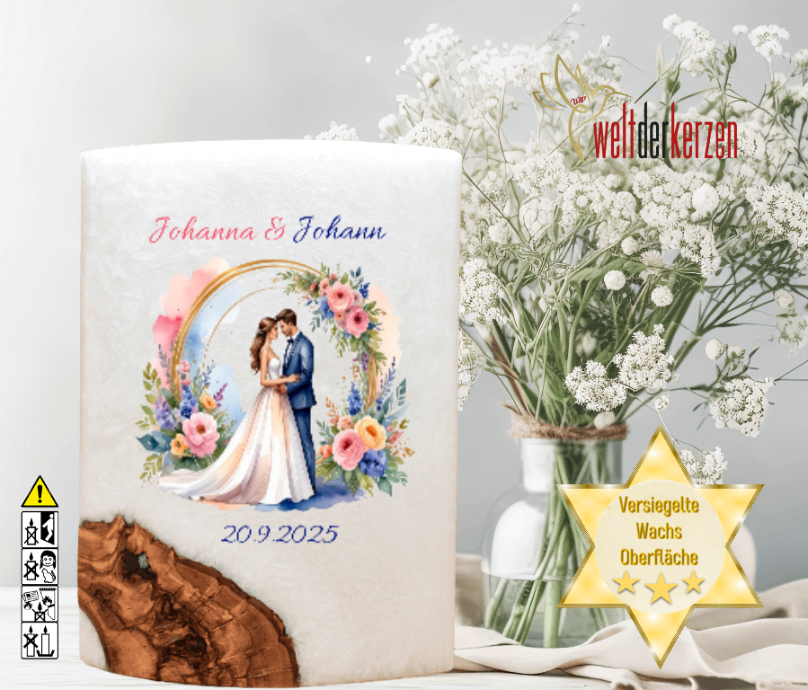 "Brautpaar im Rosenbogen" Hochzeitskerze mit Holzelement. 14 x 21 cm oval mit Teelicht oder Docht "Brautpaar im Rosenbogen" Hochzeitskerze mit Holzelement. 14 x 21 cm oval mit Teelicht oder Docht