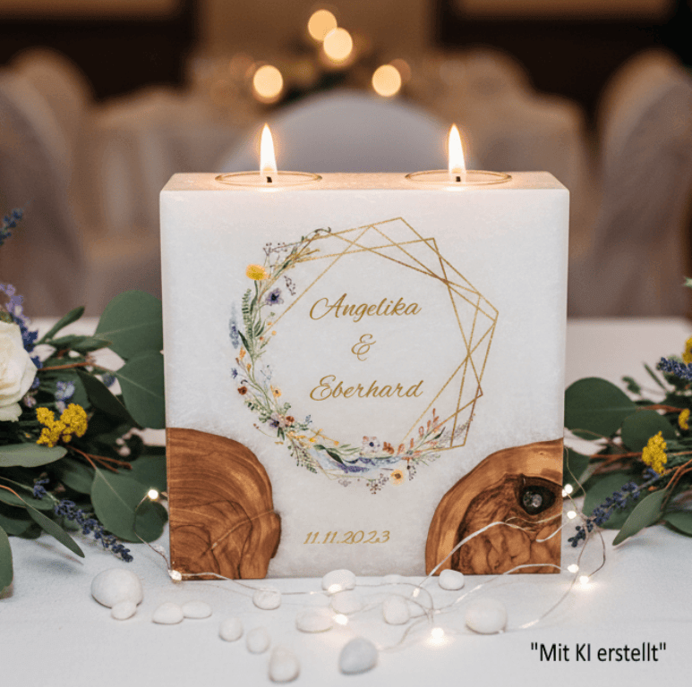 "Frühlingsblumen Kranz" Hochzeitskerze mit 2 Holzelementen und 2 Teelichter 20 x 20 cm