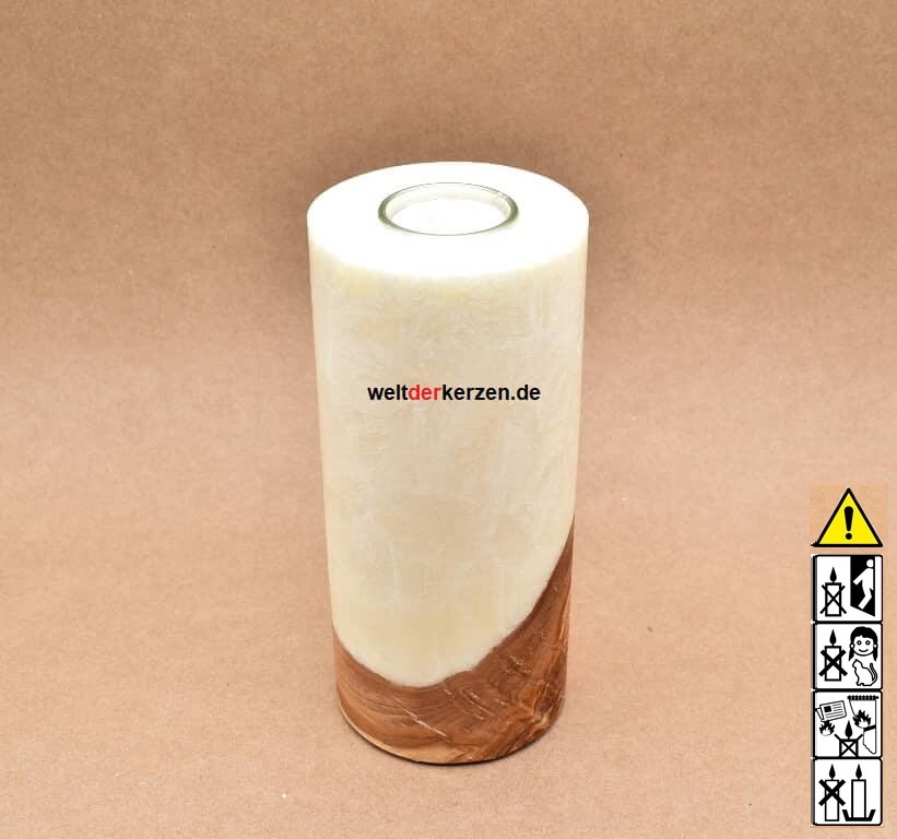 Kerze mit Holzelement, Unikat Holzkerze, Rund Stearinoptik, Kerze mit Teelicht Nummer 122