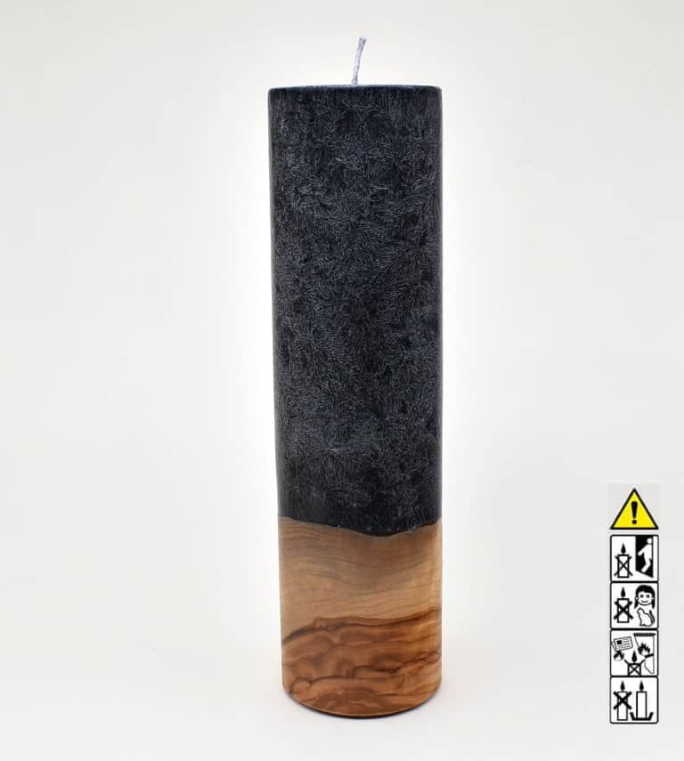 Kerze mit Holz Unikat Rund 70 x 250 mm mit Docht in schwarz