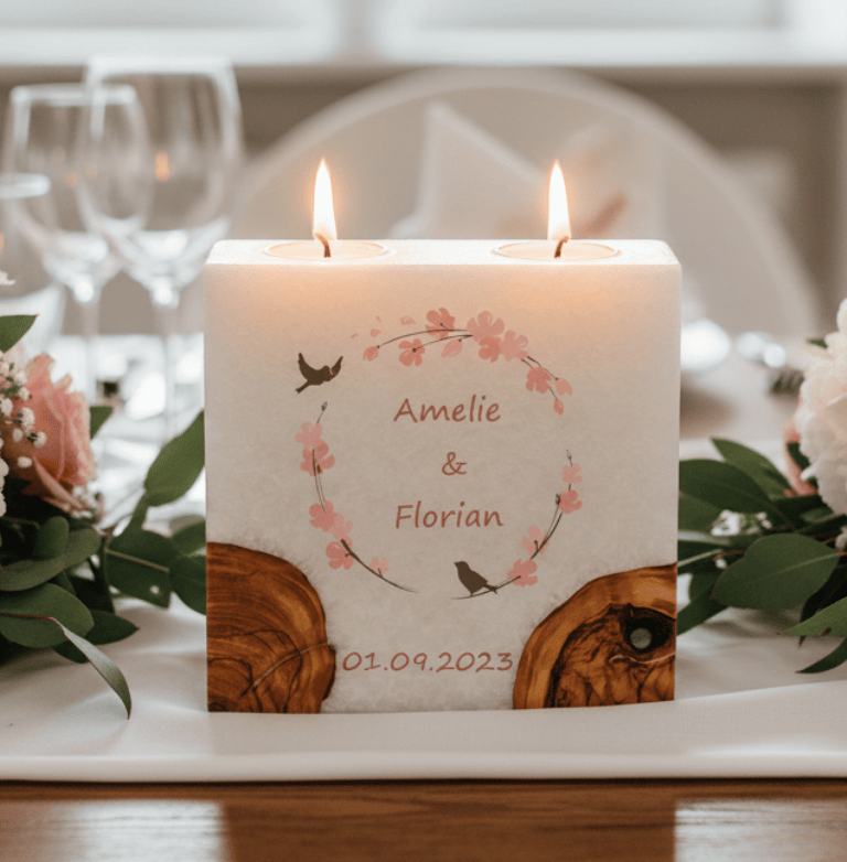Hochzeitskerze Vogelpaar Nr.:2 mit 2 Holzelementen und 2 Teelichter 20 x 20 cm