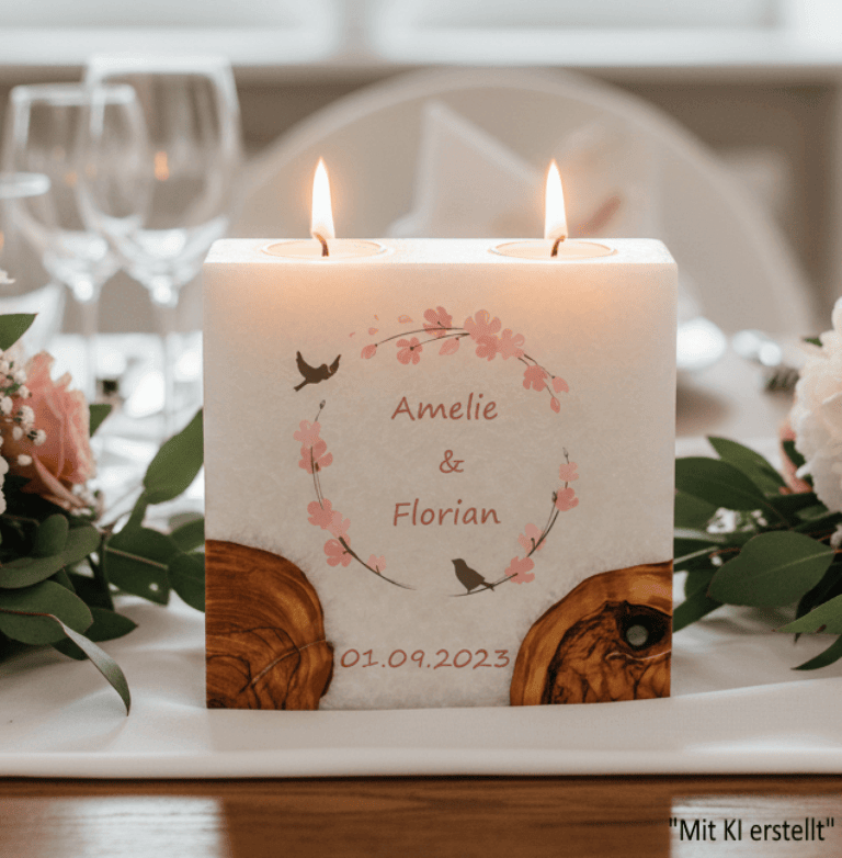 Hochzeitskerze Vogelpaar Nr.:2 mit 2 Holzelementen und 2 Teelichter 20 x 20 cm