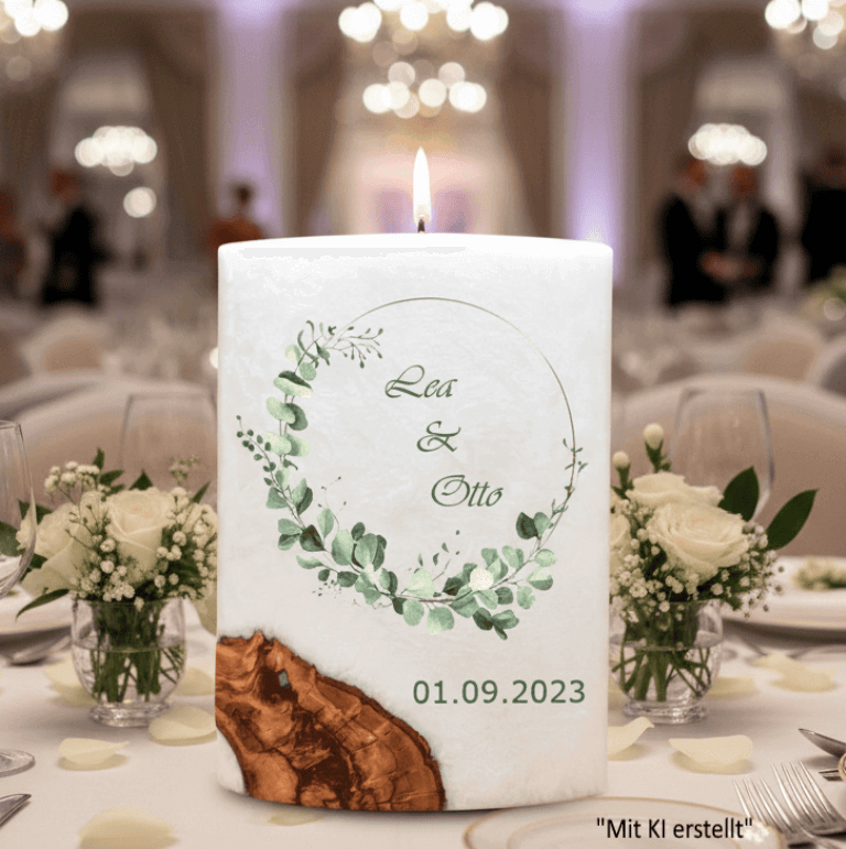 "Eukalyptus Kranz wild" Hochzeitskerze mit Holzelement. 14 x 21 cm oval mit Teelicht oder Docht