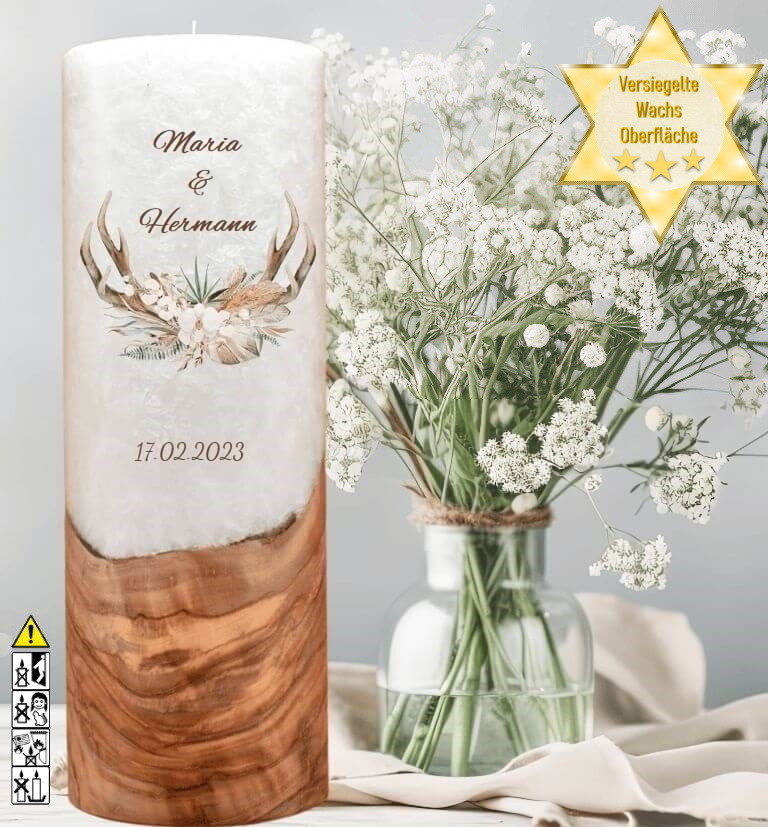 "Jäger" Hochzeitskerze mit Holzelement 30 cm hoch "Jäger" Hochzeitskerze mit Holzelement 30 cm hoch