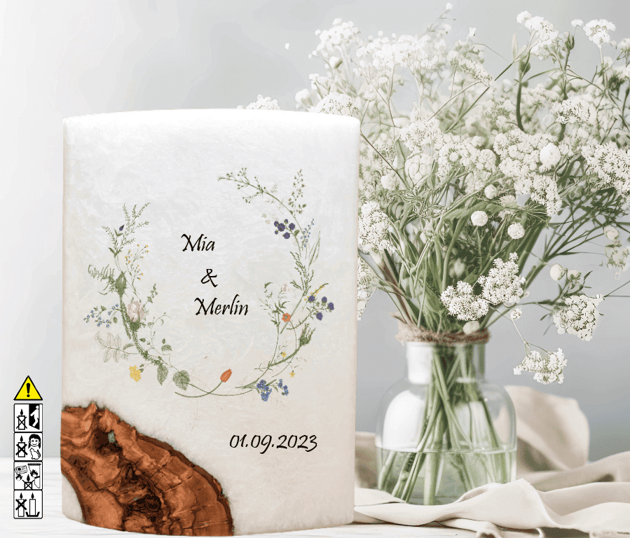 Kerze mit Holzelement für Hochzeitskerze ausgesucht. günstig in unserem Onlineshop kaufen. Personalisierte Geschenke online kaufen