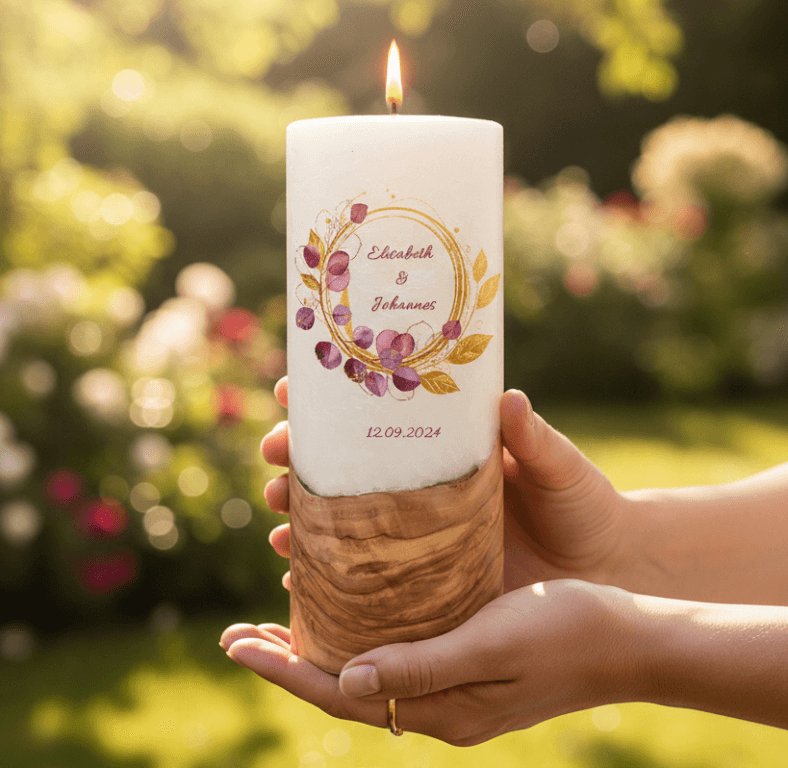 "Eukalytus Bordaux" 25 cm Hochzeitskerze mit Holzelement