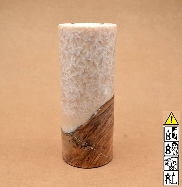 Kerze mit Holz Unikat Rund 80 x 200 mm mit Teelicht in beige Nr.: 1