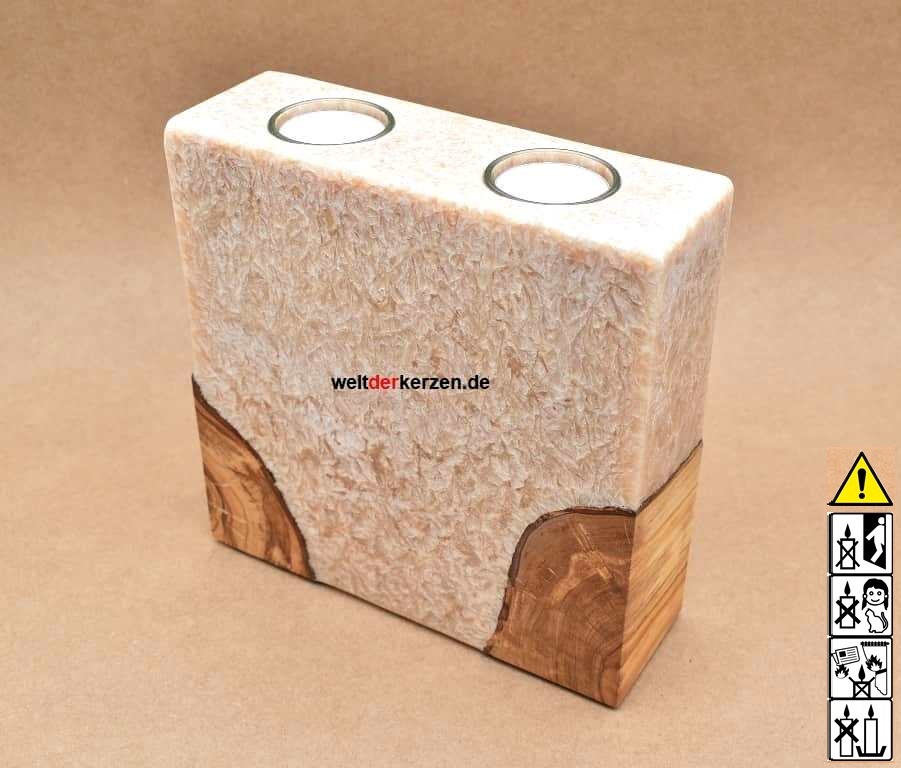 Kerze mit Holzelement, Unikat Holzkerze, Rund Stearinoptik, Kerze mit Teelicht Nummer 164