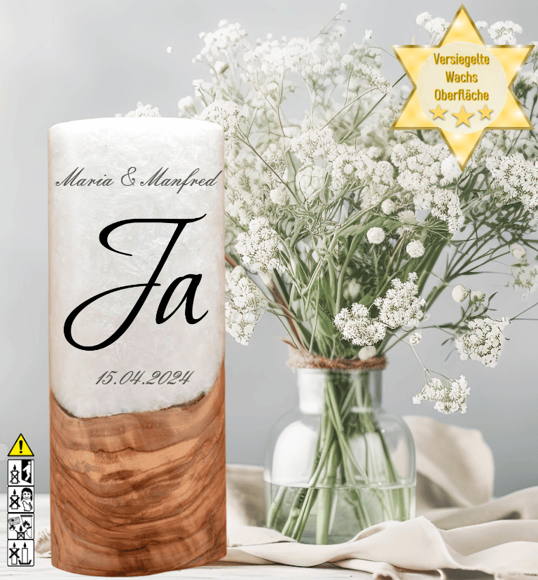 Hochzeitskerze mit Holzelement. Motiv: Ja Hochzeitskerze mit Holzelement. Motiv: Ja günstig in unserem Onlineshop kaufen. Personalisierte Hochzeitskerze online kaufen
