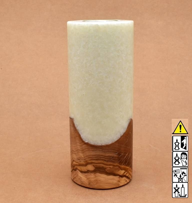 Kerze mit Holz Unikat Rund 80 x 200 mm mit Teelicht in elfenbein Nr.: 4