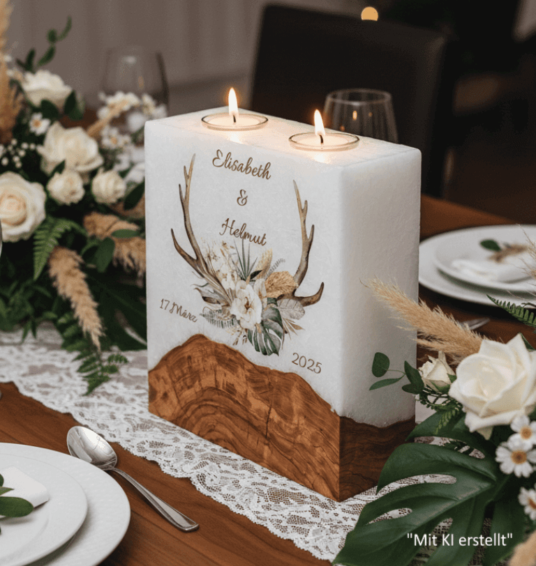 "Geweih" Hochzeitskerze mit Sockel und 2 Teelichter 20 x 20 cm