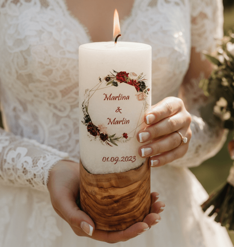 "Rosenkranz" 25 cm Hochzeitskerze mit Holzelement