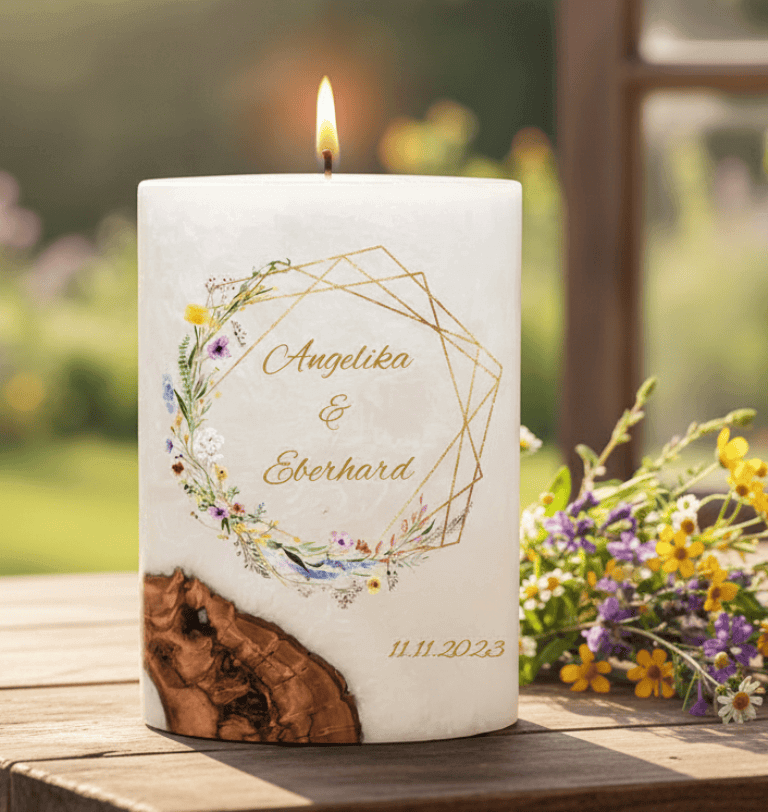 "Frühlingsblumen Kranz" Hochzeitskerze mit Holzelement 14 x 21 cm oval mit Teelicht oder Docht