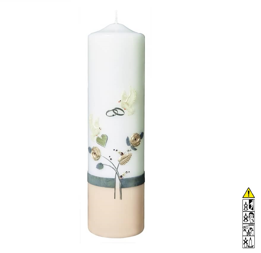 Hochzeitskerze zwei Tauben mit Herz Rundkerze mit beige 300 x 80 mm Hochwertige individuelle Hochzeitskerze für die Trauung zwei Tauben mit Herz Rundkerze mit beige 300 x 80 mm