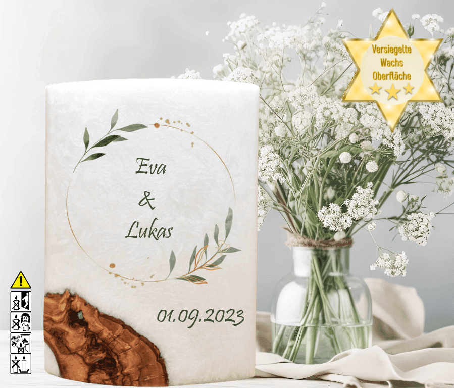 Hochzeitskerze mit Holzelement. Motiv: Olivenkranz Hochzeitskerze mit Holzelement. Motiv: Olivenkranz günstig in unserem Onlineshop kaufen. Personalisierte Hochzeitskerze online kaufen